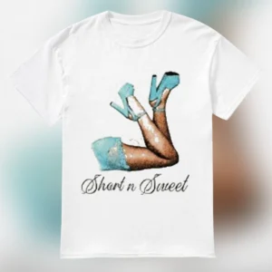 Short n Sweet Tee, Trendy High Heels Graphic T-Shirt, Y2K Aesthetic Pop Tour Merch Top for Women available at our Los Angeles warehouse