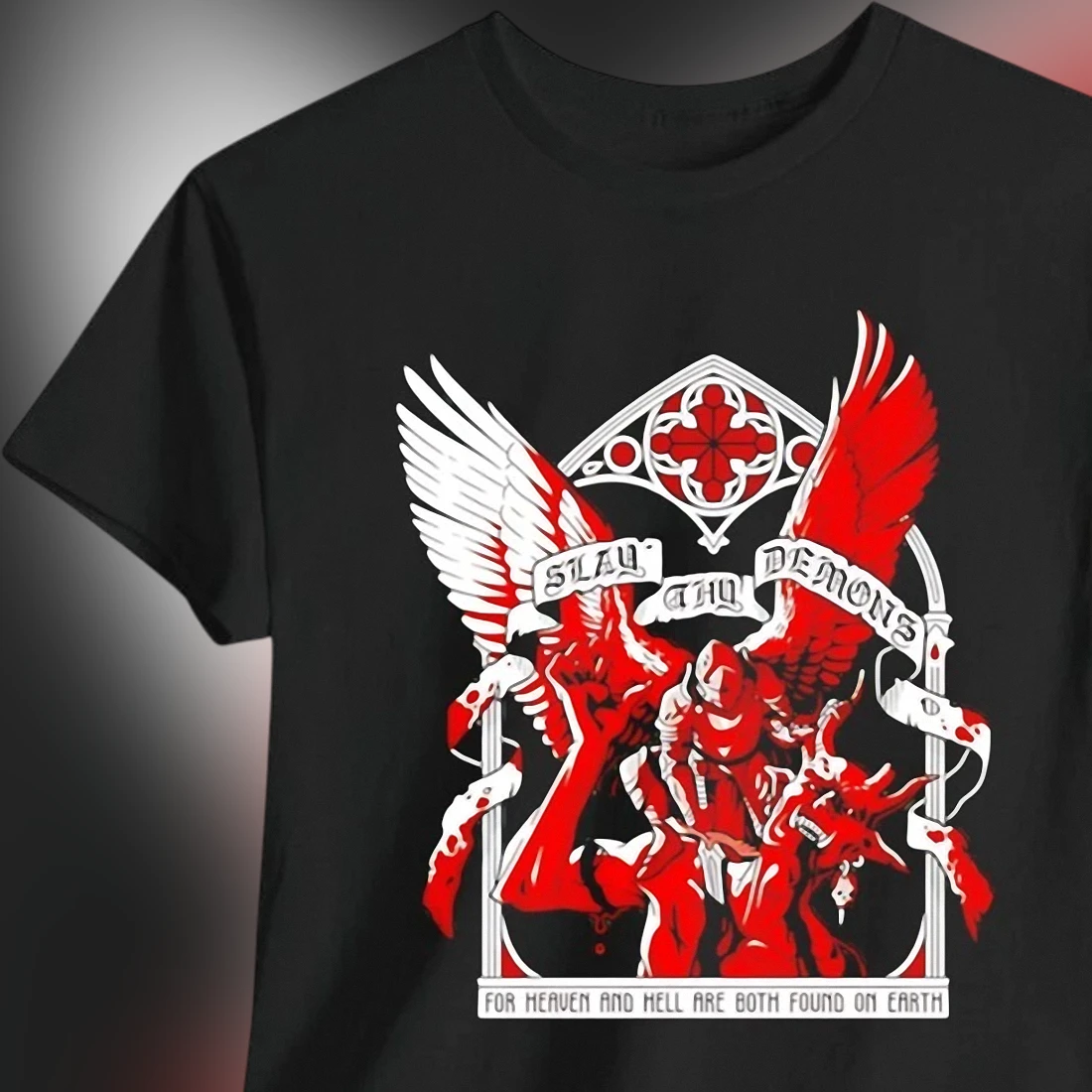 Slay The Demons Heaven and Hell Graphic Tee, Dark Gothic Angel vs Demon Streetwear Shirt