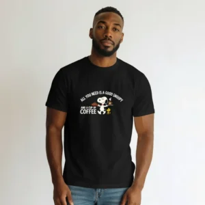 Snoopy And A Cup Of Coffee Tee, Funny Peanuts Cartoon Graphic T-Shirt Gift for Coffee Lovers available at our Los Angeles warehouse