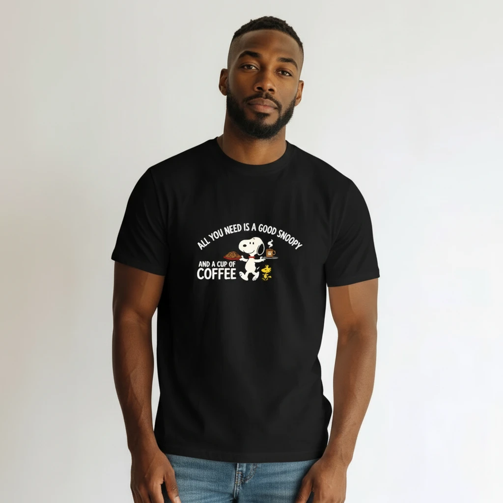 Snoopy And A Cup Of Coffee Tee, Funny Peanuts Cartoon Graphic T-Shirt Gift for Coffee Lovers available at our Los Angeles warehouse
