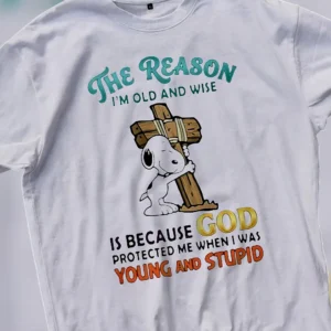 Snoopy The Reason I'm Old and Wise God Protected Me Tee Funny Christian Faith Graphic T-Shirt
