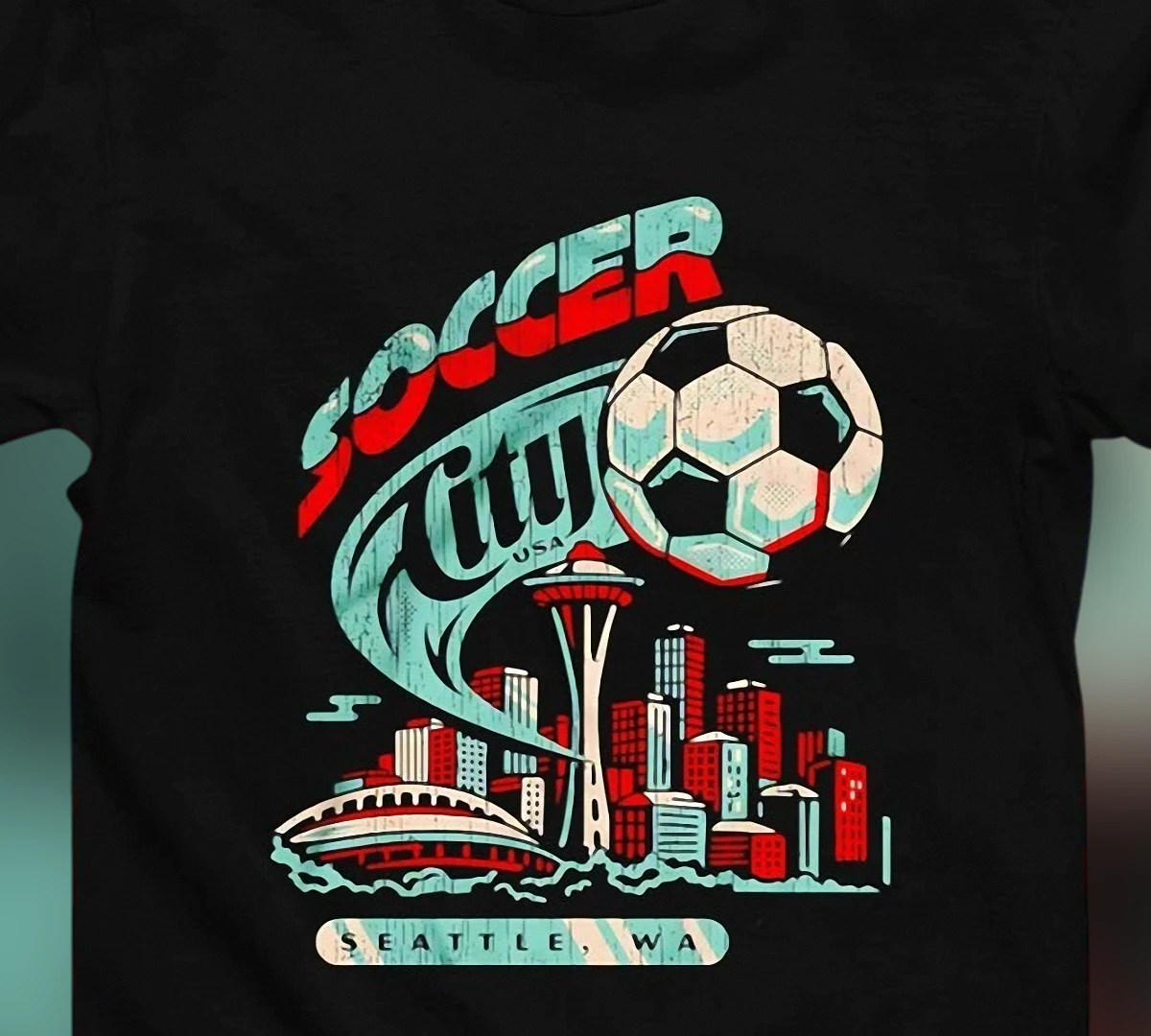 Soccer City USA Seattle WA Tee, Retro Seattle Skyline Soccer Graphic T-Shirt, PNW Host City Fan Gift