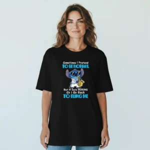 Sometimes I Pretend To Be Normal Stitch Elvis Tee Funny Sarcastic Slogan Graphic Shirt available at our Los Angeles warehouse
