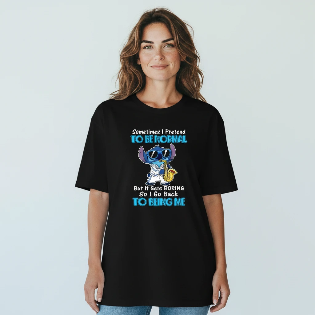 Sometimes I Pretend To Be Normal Stitch Elvis Tee Funny Sarcastic Slogan Graphic Shirt available at our Los Angeles warehouse