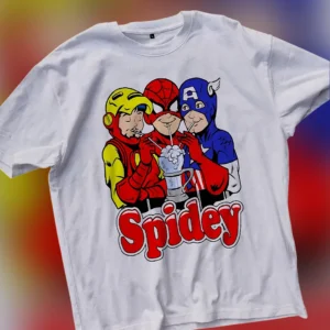 Spidey Tee Spider-Man Iron Man and Captain America Milkshake Comic Graphic T-Shirt for Fans available at our Los Angeles warehouse
