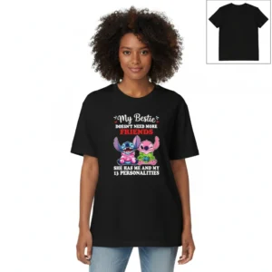 Stitch and Angel My Bestie 13 Personalities Tee Funny Best Friend Gift Shirt available at our Los Angeles warehouse