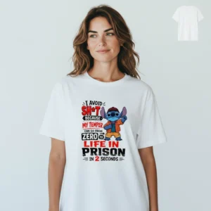 Stitch I Avoid Sh*t Because My Temper Tee, Funny Sarcastic Quote Graphic T-Shirt Gift available at our Los Angeles warehouse