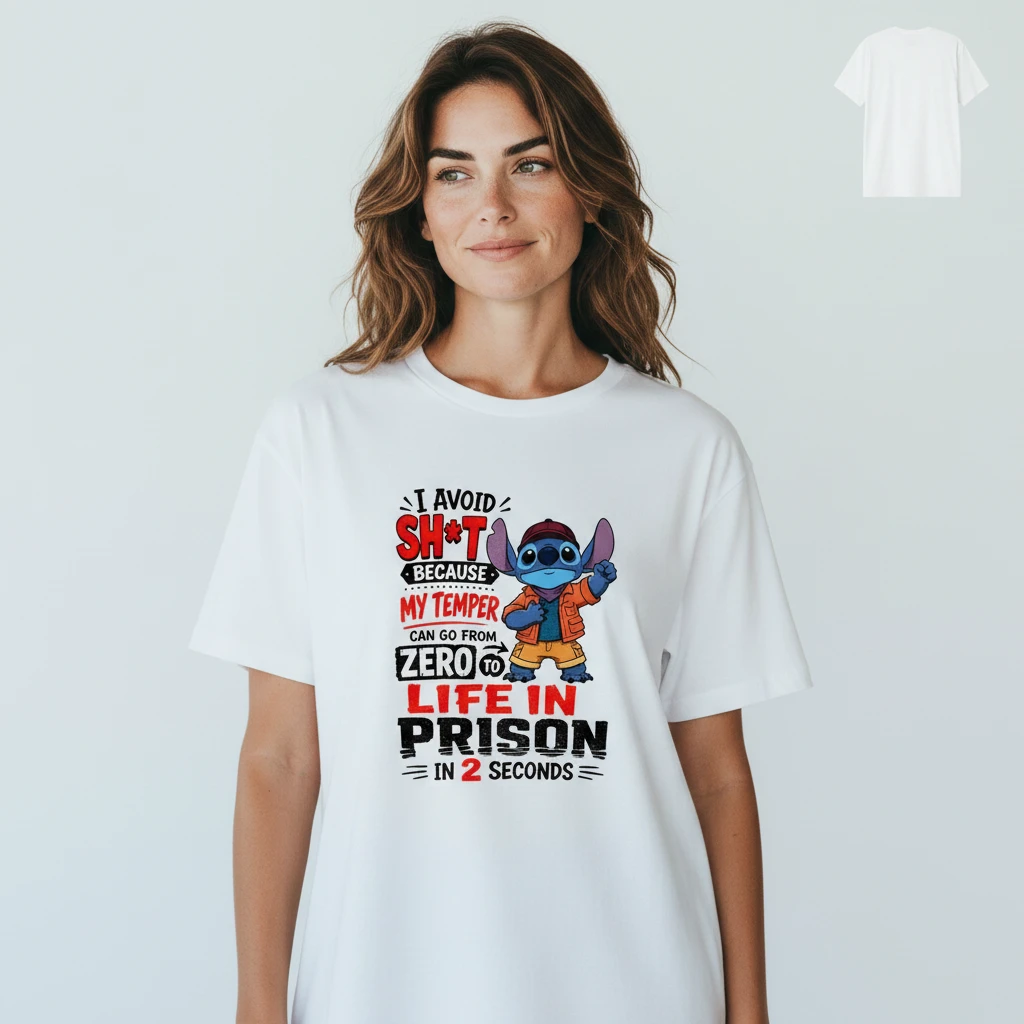 Stitch I Avoid Sh*t Because My Temper Tee, Funny Sarcastic Quote Graphic T-Shirt Gift available at our Los Angeles warehouse