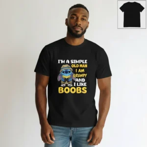 Stitch Simple Old Man Grumpy Novelty Graphic Tee, Funny Sarcastic Cartoon Shirt for Men available at our Los Angeles warehouse