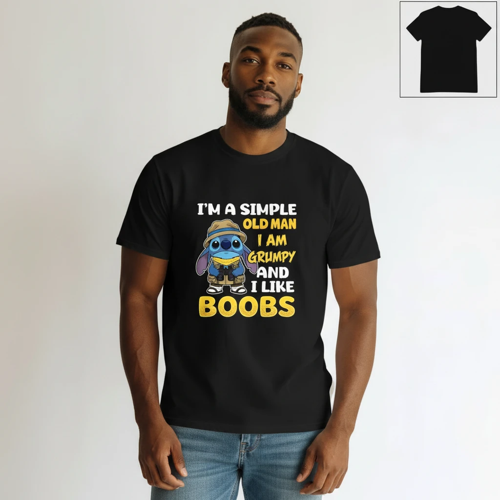 Stitch Simple Old Man Grumpy Novelty Graphic Tee, Funny Sarcastic Cartoon Shirt for Men available at our Los Angeles warehouse