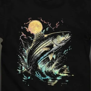 Striped Bass Fishing Moon Graphic Tee, Retro Night Angler Outdoor Shirt