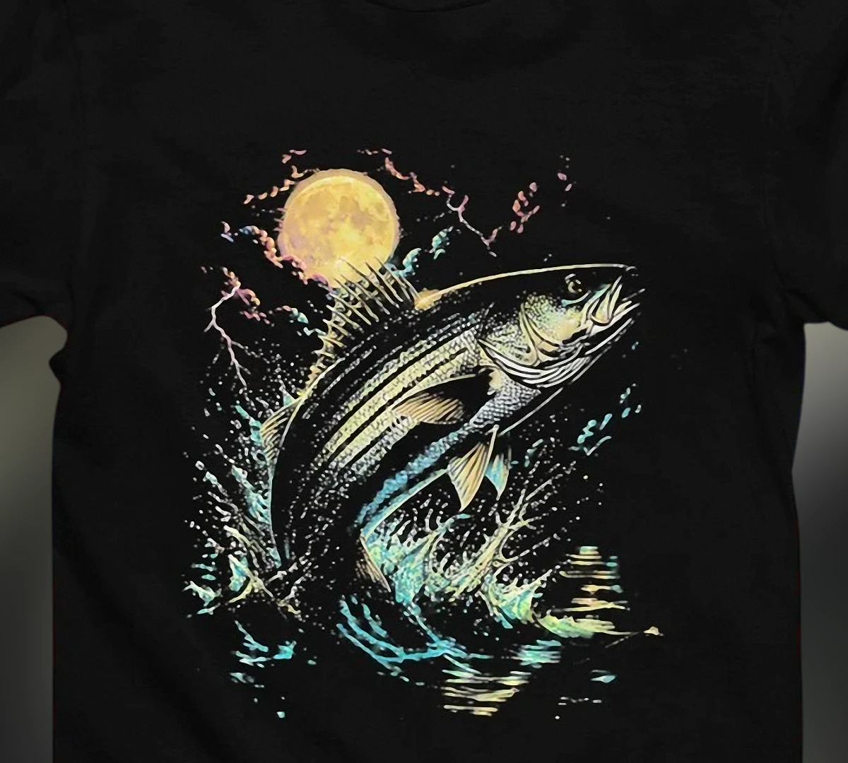 Striped Bass Fishing Moon Graphic Tee, Retro Night Angler Outdoor Shirt
