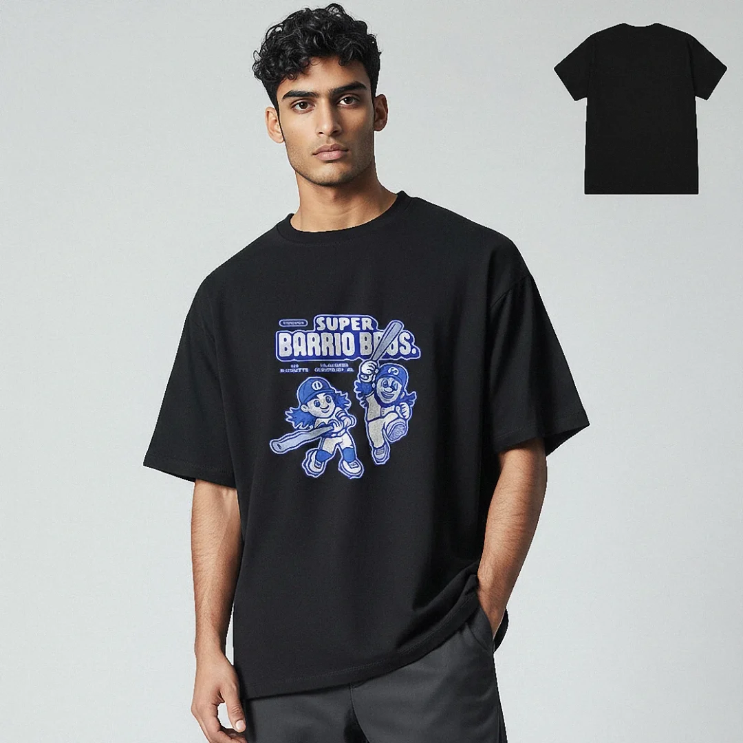 Super Barrio Bros Tee Retro Baseball Mascot Graphic Shirt for Gamers and Streetwear Fans available at our Los Angeles warehouse