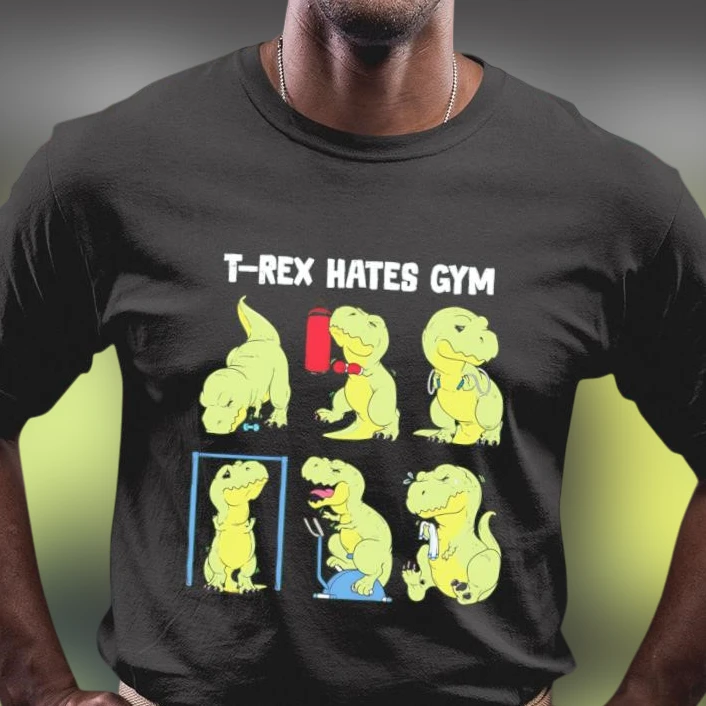T-Rex Hates Gym Graphic Tee Funny Dinosaur Workout Shirt for Lifting and Fitness Lovers