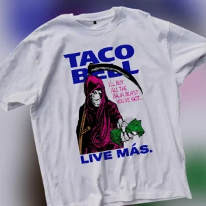 Taco Bell Baja Blast Grim Reaper Live Mas Graphic Tee, Funny Fast Food Streetwear T-Shirt available at our Los Angeles warehouse