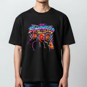 The Bump N Feed Podcast Tee Retro 80s Neon Graphic T-Shirt for Fans available at our Los Angeles warehouse