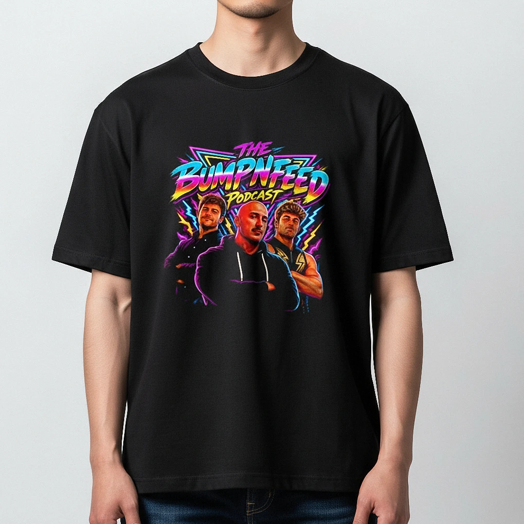 The Bump N Feed Podcast Tee Retro 80s Neon Graphic T-Shirt for Fans available at our Los Angeles warehouse