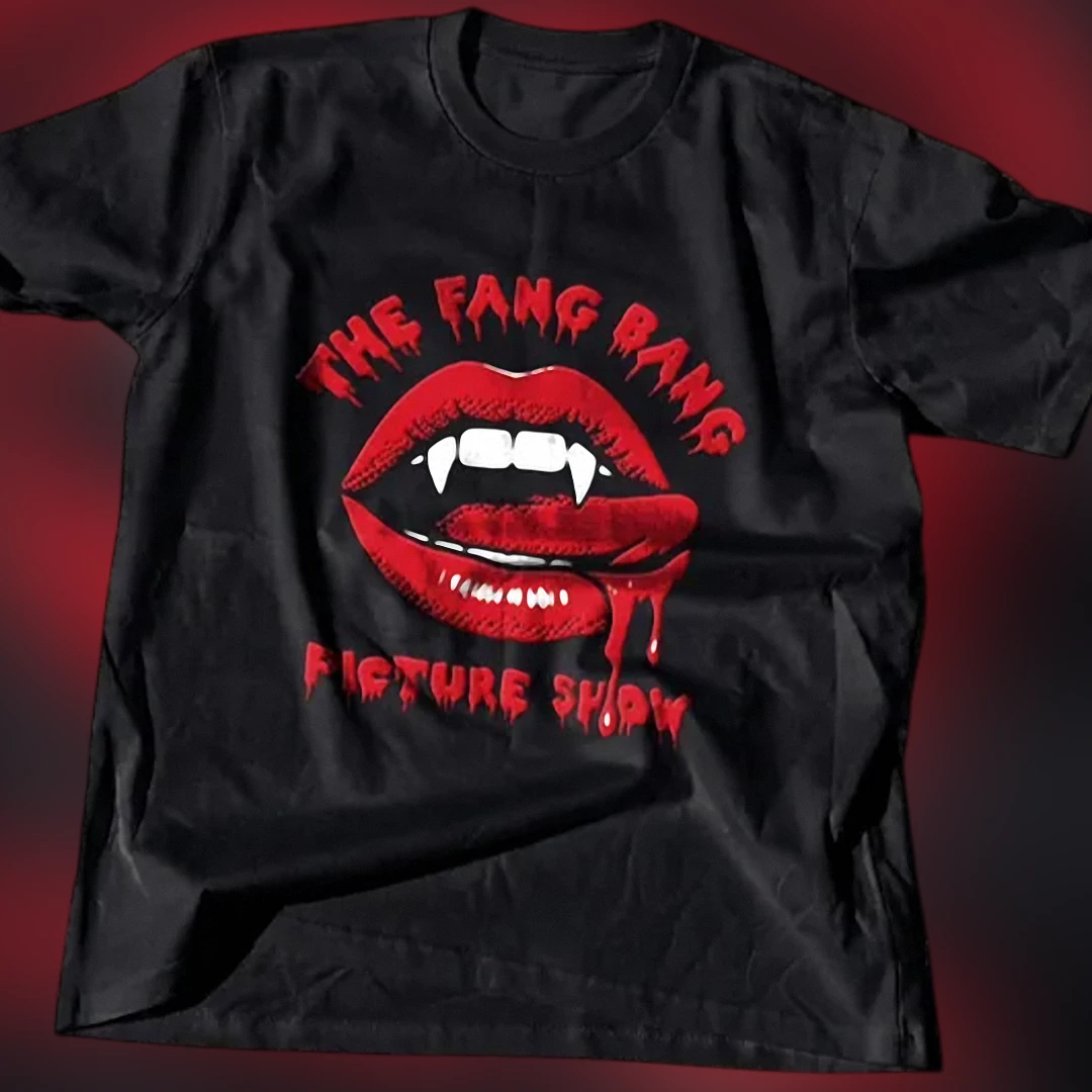 The Fang Bang Picture Show Vampire Lips Graphic Tee, Cult Horror Movie Parody T-Shirt for Men and Wo available at our Los Angeles warehouse