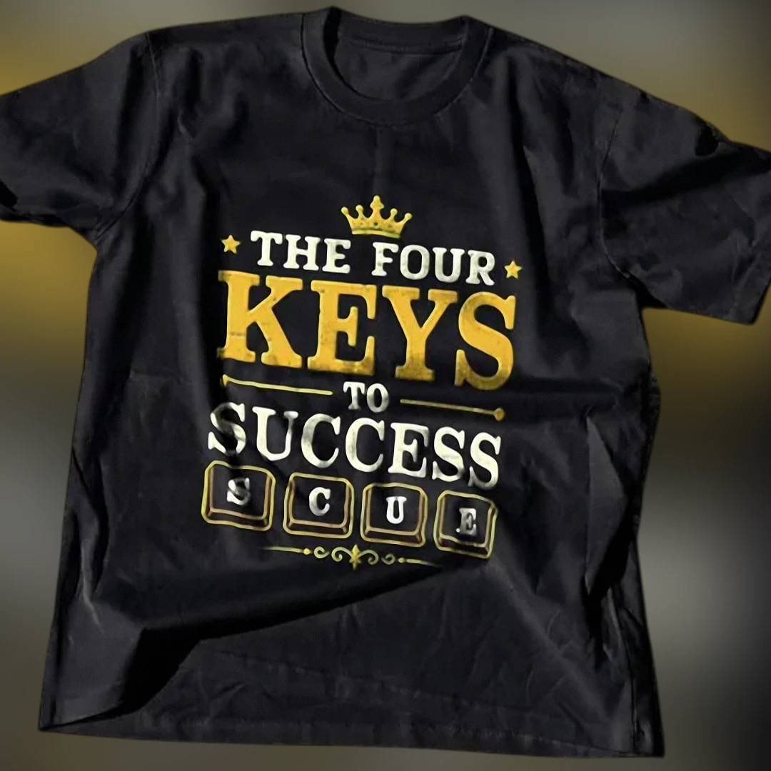 The Four Keys to Success S C U E Motivational Tee, Inspirational Entrepreneur Graphic Shirt available at our Los Angeles warehouse