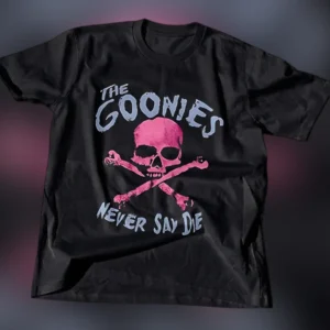 The Goonies Never Say Die Tee, Retro 80s Movie Skull Graphic T-Shirt for Fans available at our Los Angeles warehouse