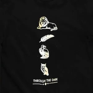 Through The Dark Minimalist Wildlife Tee, Lion Owl Feather Graphic Shirt for Nature Lovers