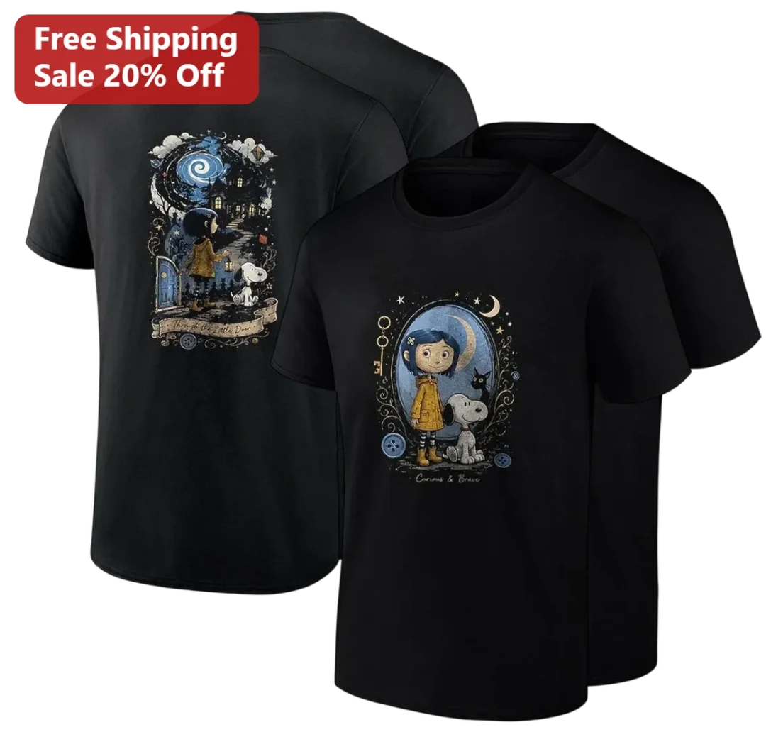 Through the Little Door Curious and Brave Coraline Snoopy Tee Gift for Dark Fantasy Movie Fans available at our Los Angeles warehouse