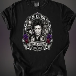 Tim Curry Forever A Legend 1946-2026 Tee, Vintage Rocky Horror Movie Tribute Graphic T-Shirt available at our Los Angeles warehouse