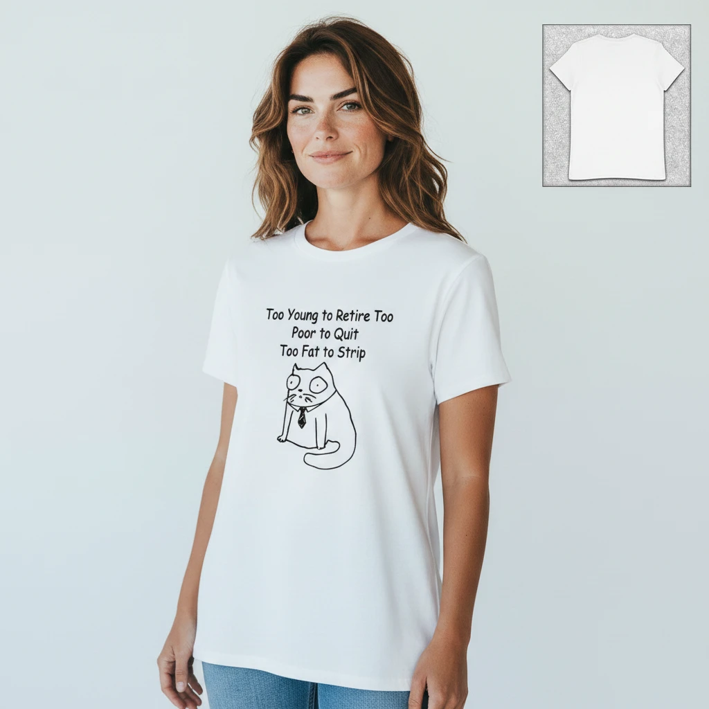 Too Young to Retire Too Poor to Quit Too Fat to Strip Tee, F — Los Angeles Too Young to Retire Too Poor to Quit Too Fat to Strip Tee, Funny Sarcastic Cat Slogan Shirt for Offi available at our Los Angeles warehouse