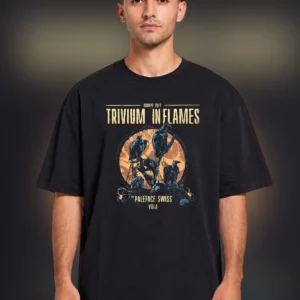 Trivium In Flames Paleface Swiss Vola Tour Tee, Heavy Metal Band Graphic Concert Shirt available at our Los Angeles warehouse