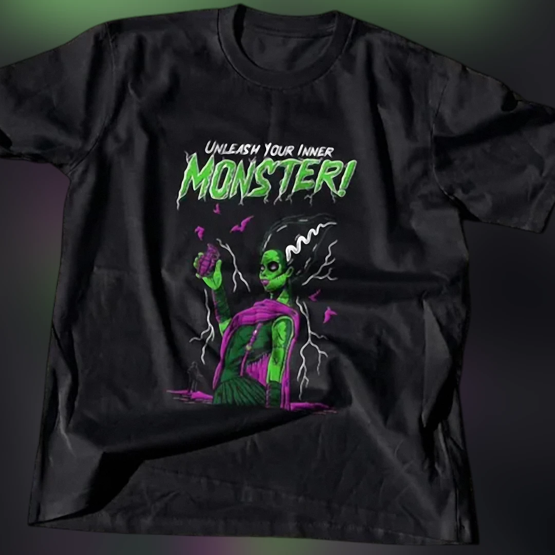 Unleash Your Inner Monster Bride of Frankenstein Tee, Gothic Horror Classic Monster Graphic T-Shirt available at our Los Angeles warehouse