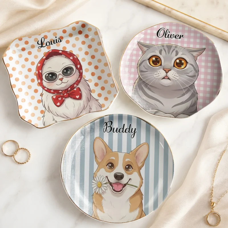 Cute Headscarf Cat Trinket Dish Ceramic Ring Dish Jewelry Tray Decor