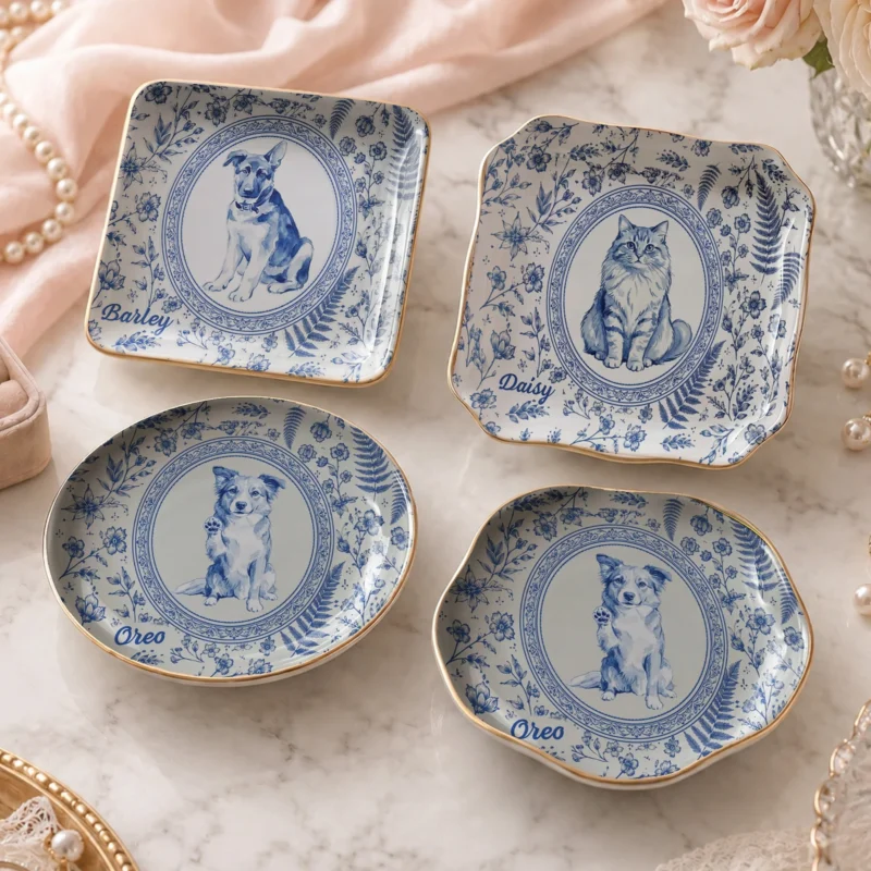 Custom Pet Portrait Ceramic Ring Dish Toile Floral Jewelry Trinket Tray Personalized Keepsake Gift for Pet Lovers