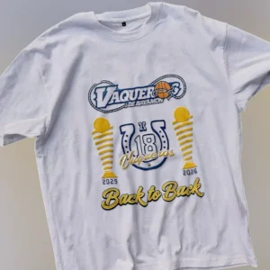 Vaqueros de Bayamon 18 Back to Back 2025 2026 Tee, BSN Puerto Rico Basketball Champions Shirt available at our Los Angeles warehouse