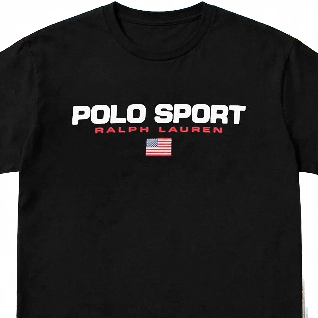 Vintage Polo Sport Graphic Tee 90s Retro Sportswear American Flag Black Cotton T-Shirt