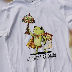 We Thrift at Dawn Frog Tee, Cute Cottagecore Vintage Thrifting Graphic T-Shirt for Men and Women
