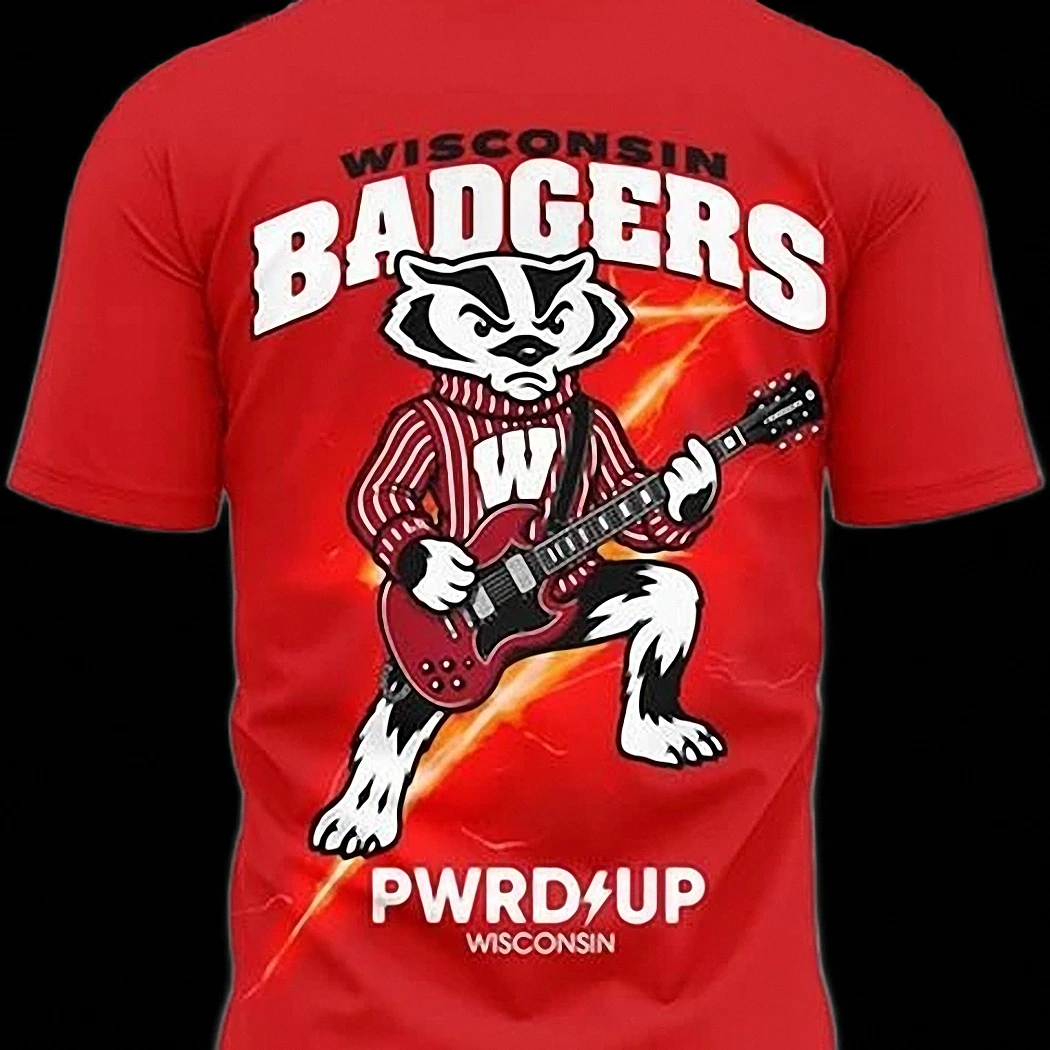 Wisconsin Badgers PWRD UP Guitar Mascot Graphic Tee, UW Madison Game Day Fan T-Shirt