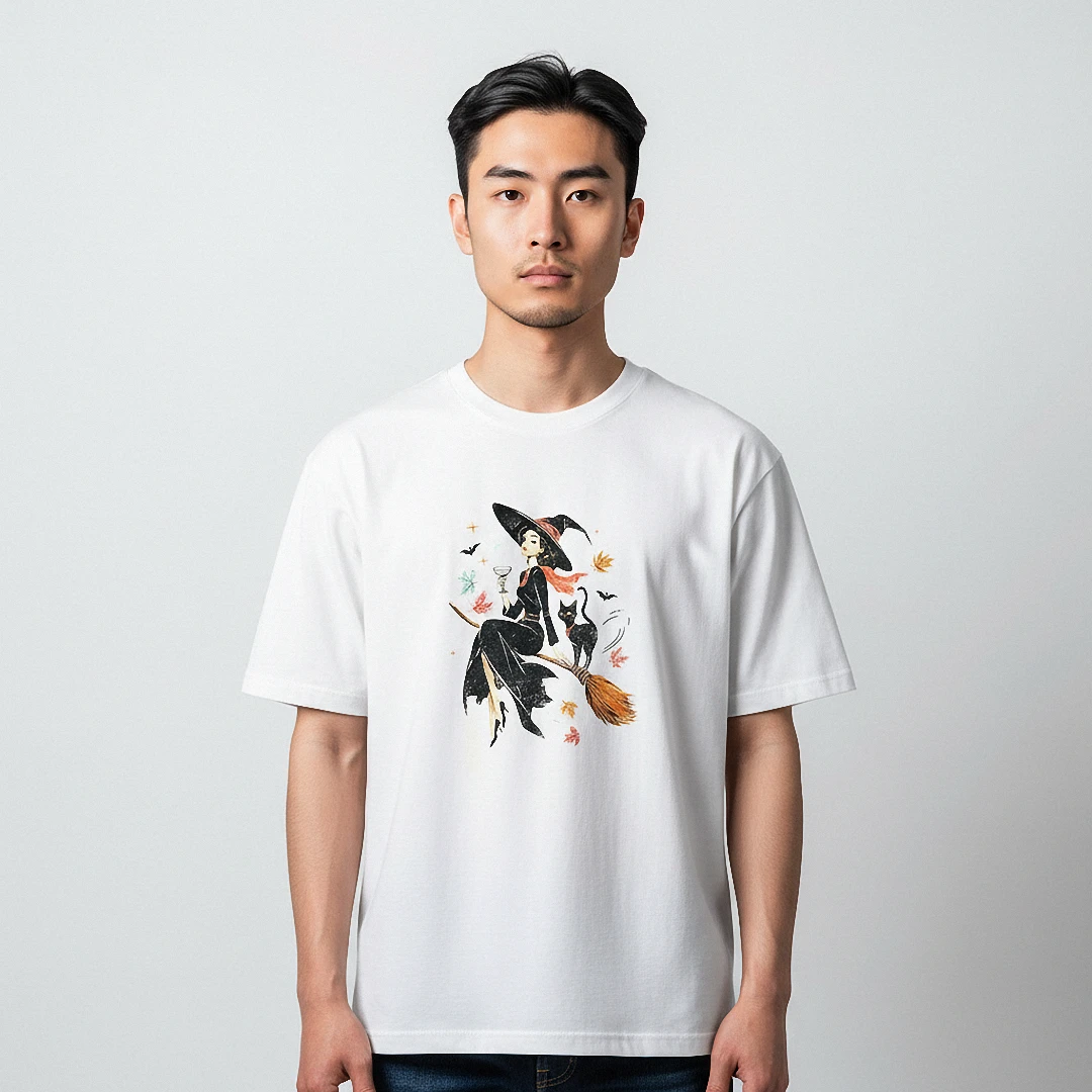 Witch Halloween Graphic Tee, Whimsical Broomstick Witch and — Los Angeles Witch Halloween Graphic Tee, Whimsical Broomstick Witch and Black Cat Fall Outfit Shirt for Women available at our Los Angeles warehouse