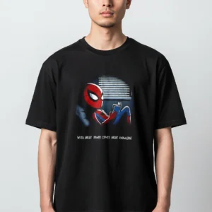 With Great Power Comes Great Knowledge Tee, Spider-Man Reading Book Graphic T-Shirt for Marvel Fans available at our Los Angeles warehouse