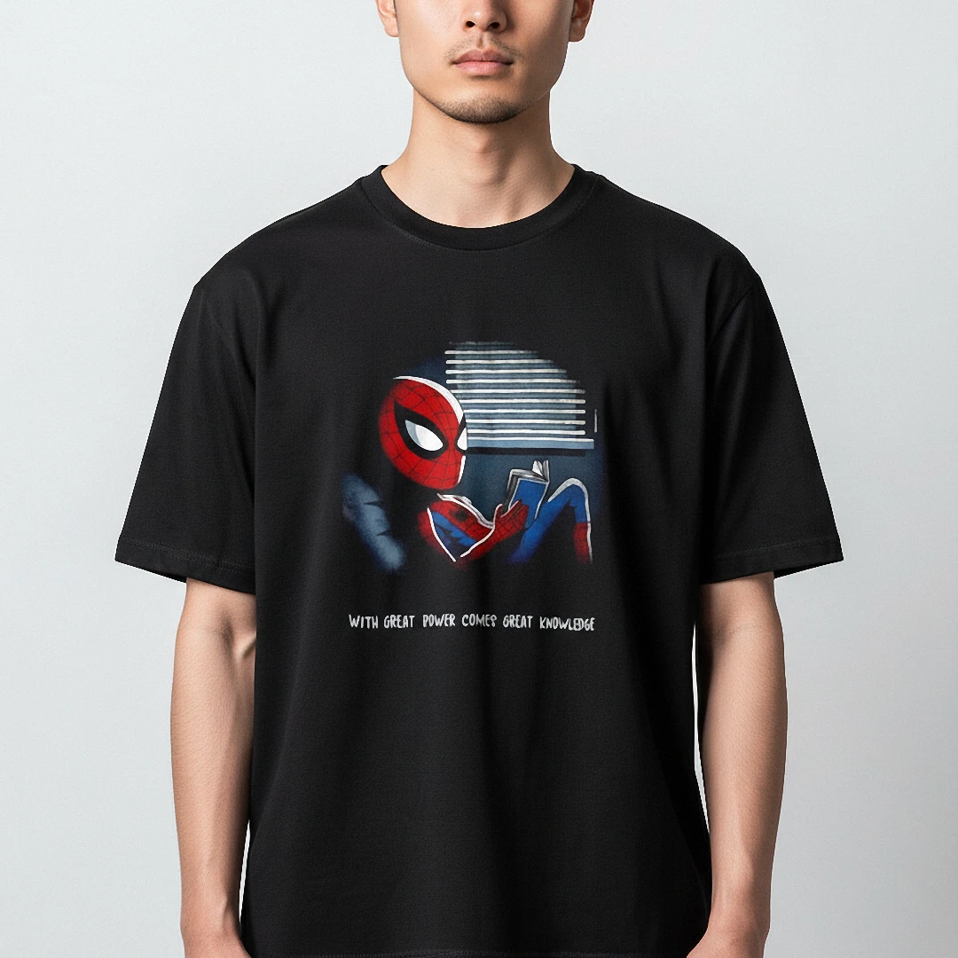 With Great Power Comes Great Knowledge Tee, Spider-Man Reading Book Graphic T-Shirt for Marvel Fans available at our Los Angeles warehouse