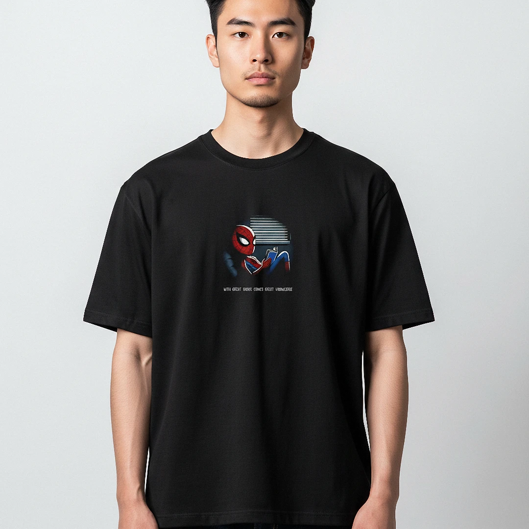 With Great Power Comes Great Wanderlust Tee, Spider-Man Reading Book Graphic T-Shirt for Marvel Comi available at our Los Angeles warehouse