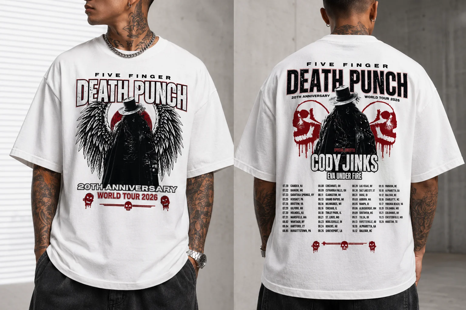 Five Finger Death Punch 20th Anniversary World Tour 2026 Tee Cody Jinks Eva Under Fire Concert Shirt
