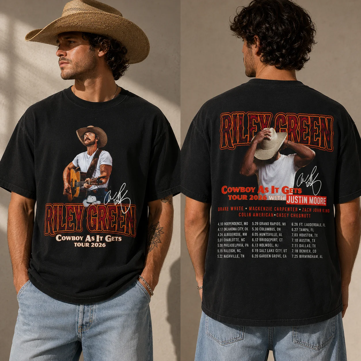 woobulk_1785575692502_0_76082e.webp Riley Green Cowboy As It Gets Tour 2026 Vintage Tee Concert Merch