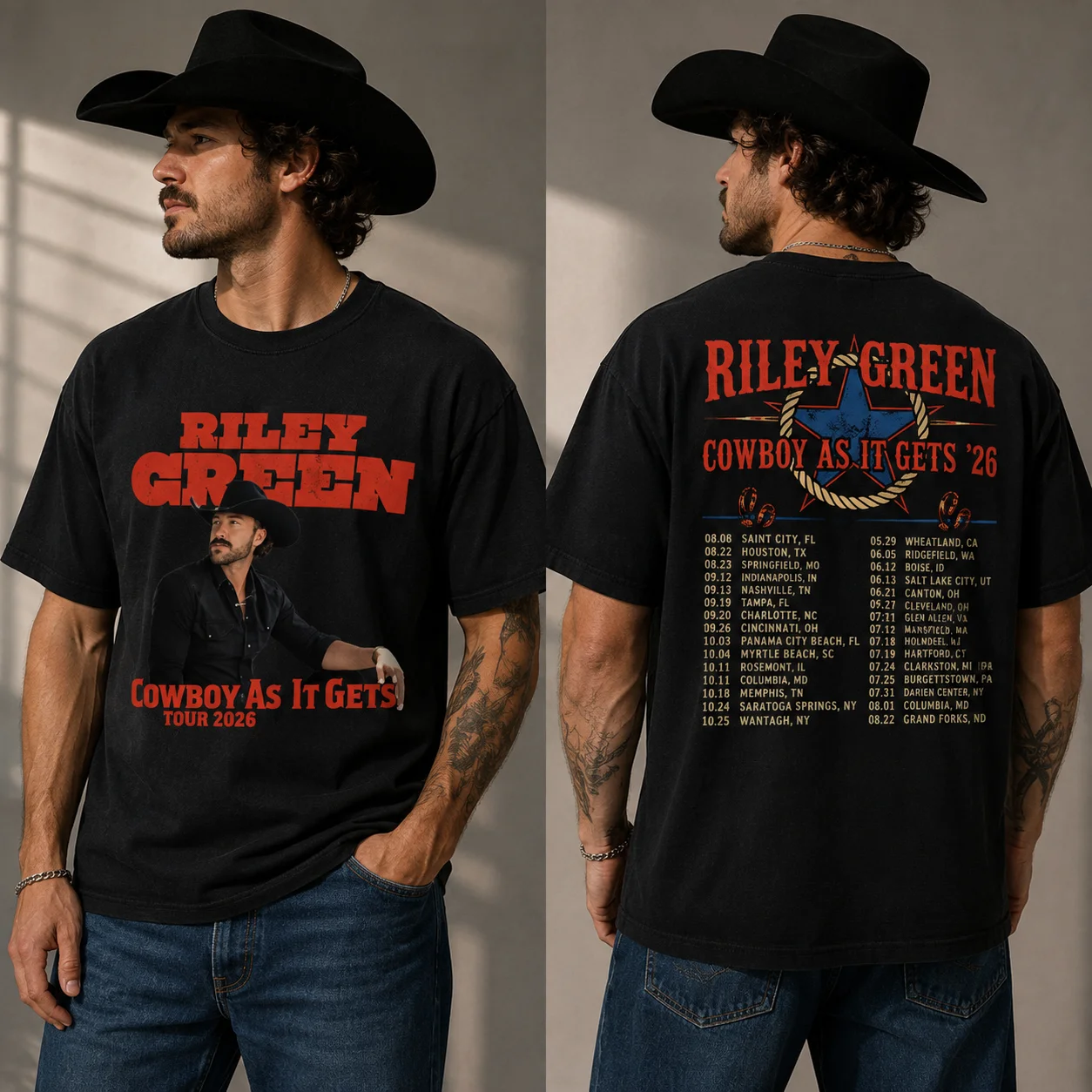 Riley Green Cowboy As It Gets Tour 2026 Tee Two-Sided Country Concert Shirt