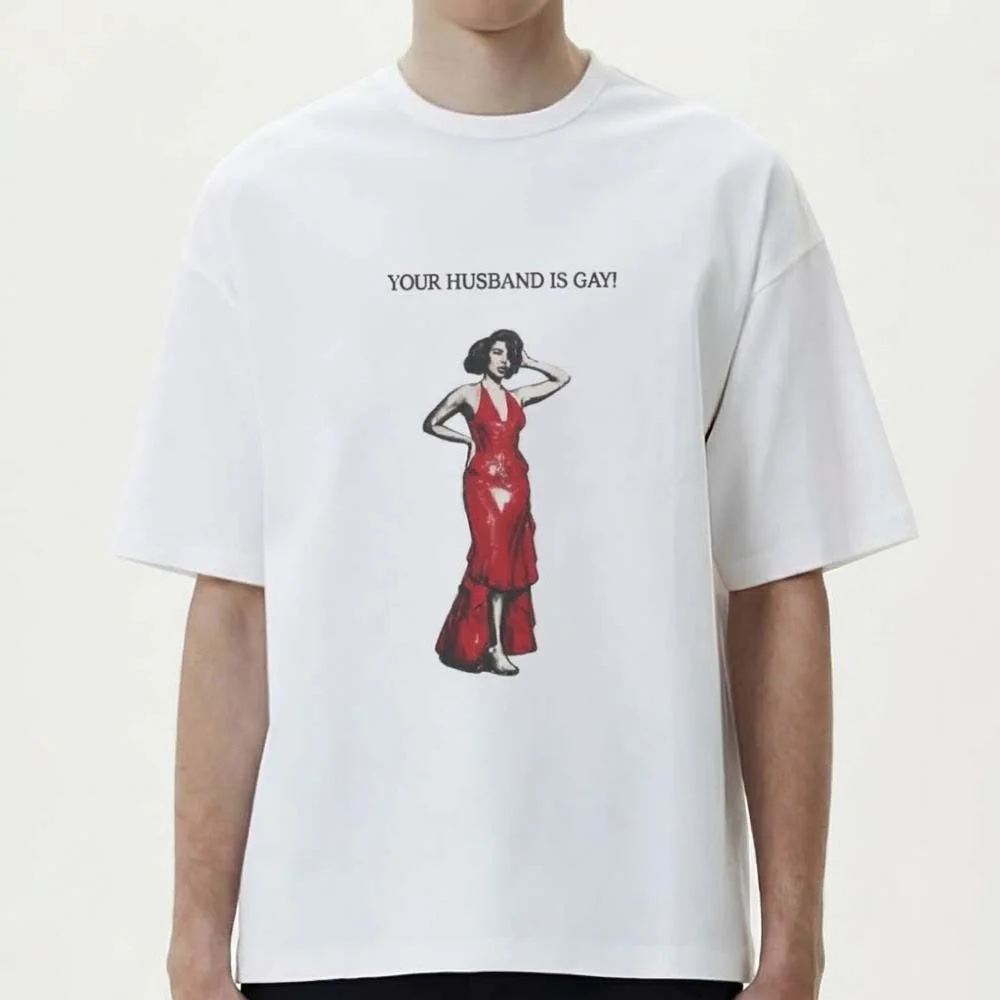 Your Husband Is Gay Funny Meme Tee Retro Red Dress Woman Sarcastic Gag Gift Shirt