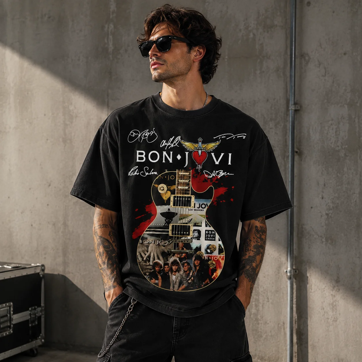 woobulk_1785812844174_0_1c9b0d.webp Bon Jovi Vintage Concert Tee Retro Guitar Collage with Band Member Signatures