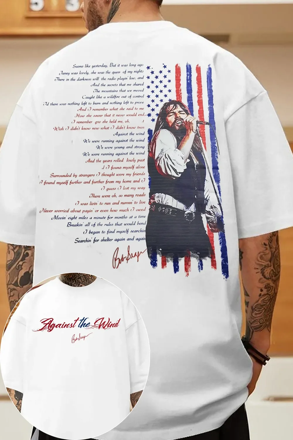 woobulk_1785832107222_0_b29c8d.webp Bob Seger Against the Wind Lyrics American Flag Vintage Style Tee