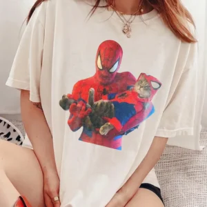 Spider-Man Holding Cat Graphic Tee Funny Superhero Comic Shirt for Women