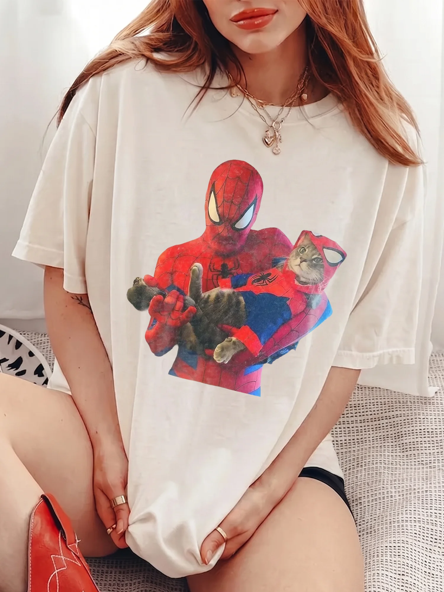 Spider-Man Holding Cat Graphic Tee Funny Superhero Comic Shirt for Women
