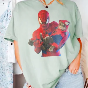 Spider-Man Holding Cat Graphic Tee Funny Superhero Comic Shirt for Women