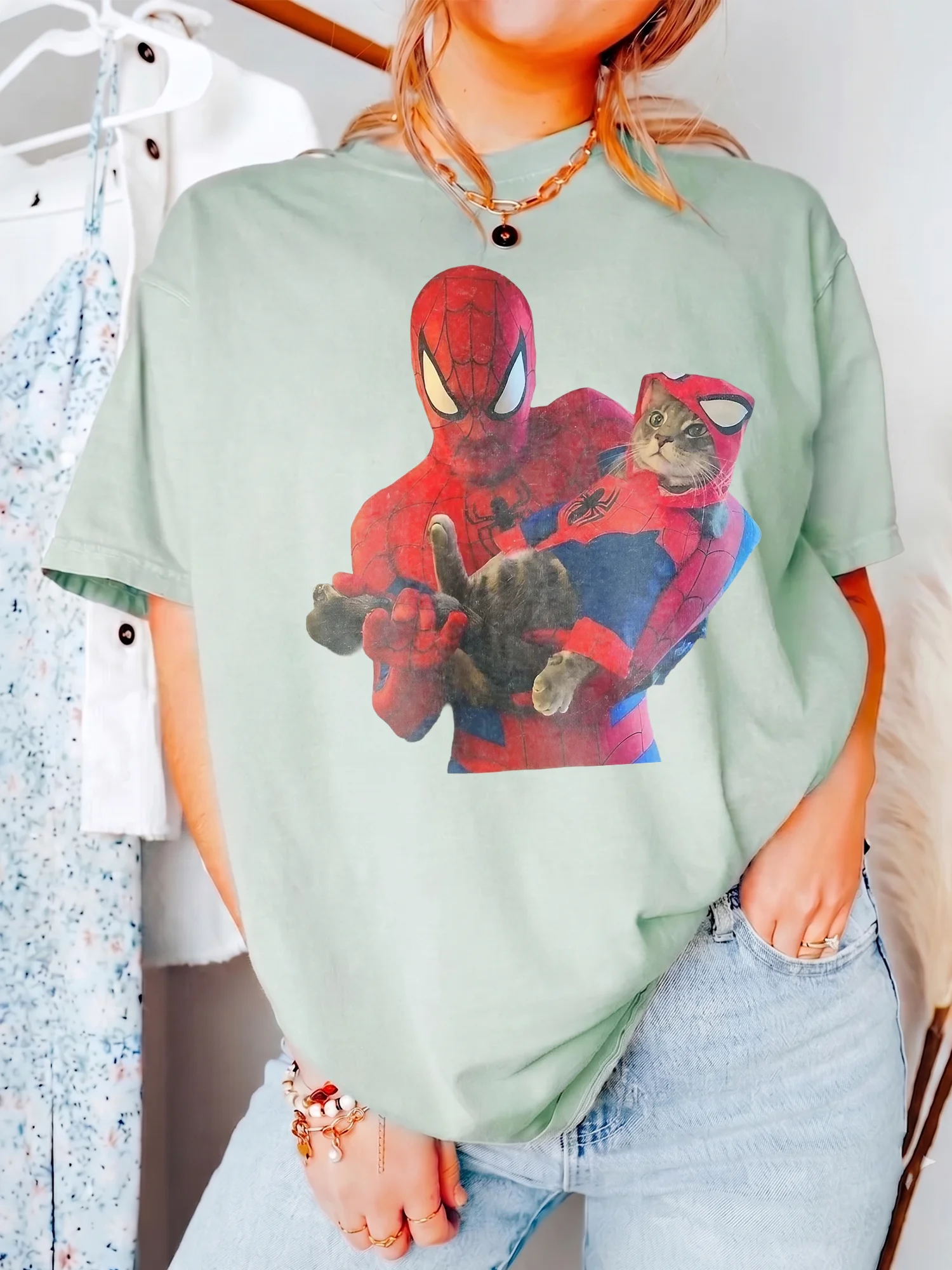Spider-Man Holding Cat Graphic Tee Funny Superhero Comic Shirt for Women